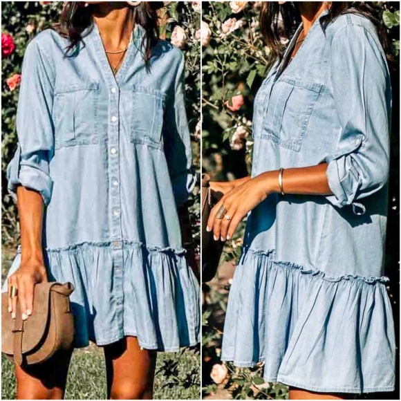 BellanBlue Dresses & Skirts - Boho Chambray Rolled Sleeve Ruffle Denim Dress
